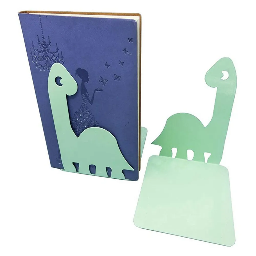 1 Pair Bookends Cartoon Dinosaur Bookshelf Non-slip Metal Book Storage Organizer for Home, School, Office