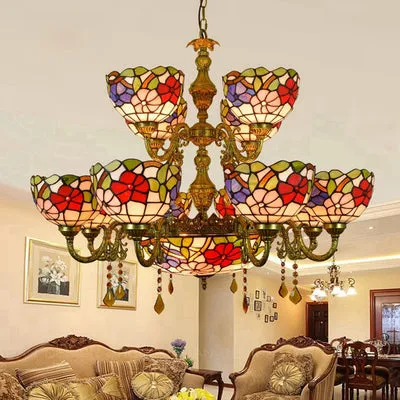 15-Light Tiffany Stained Glass Two-Tier Chandelier: Flower Pattern, Dome Shade, Ideal for Dining Room