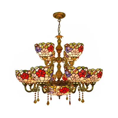 15-Light Tiffany Stained Glass Two-Tier Chandelier: Flower Pattern, Dome Shade, Ideal for Dining Room