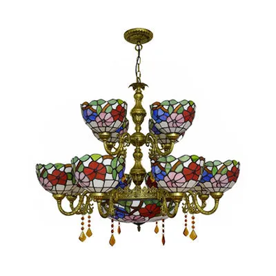 15-Light Tiffany Stained Glass Two-Tier Chandelier: Flower Pattern, Dome Shade, Ideal for Dining Room