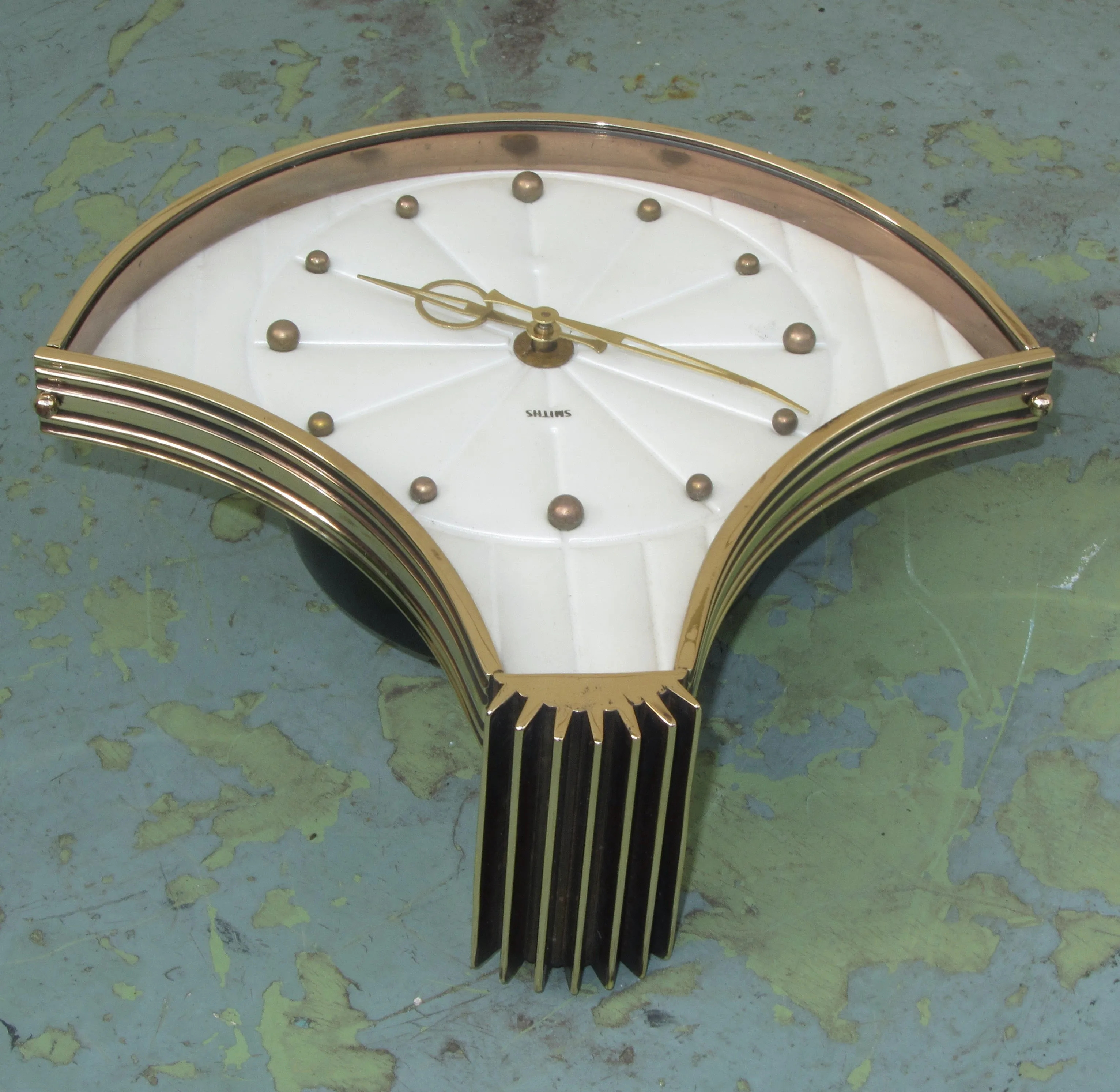 1950s Vintage Smiths Brass Fan Shaped Mechanical Wall Clock