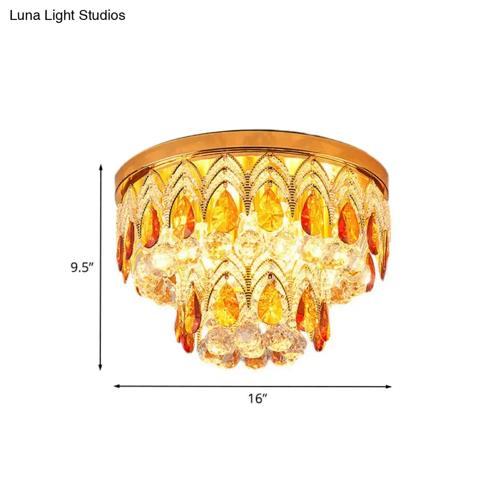 2-Tier Tan Crystal Droplets Ceiling Lamp - Traditional 6 Lights Flush Mount Fixture in Gold