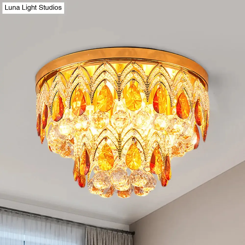 2-Tier Tan Crystal Droplets Ceiling Lamp - Traditional 6 Lights Flush Mount Fixture in Gold