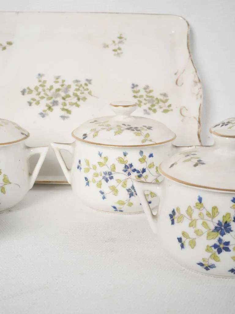 6 antique French porcelain cream pots on tray w/ dainty blue-painted flowers 3¼"