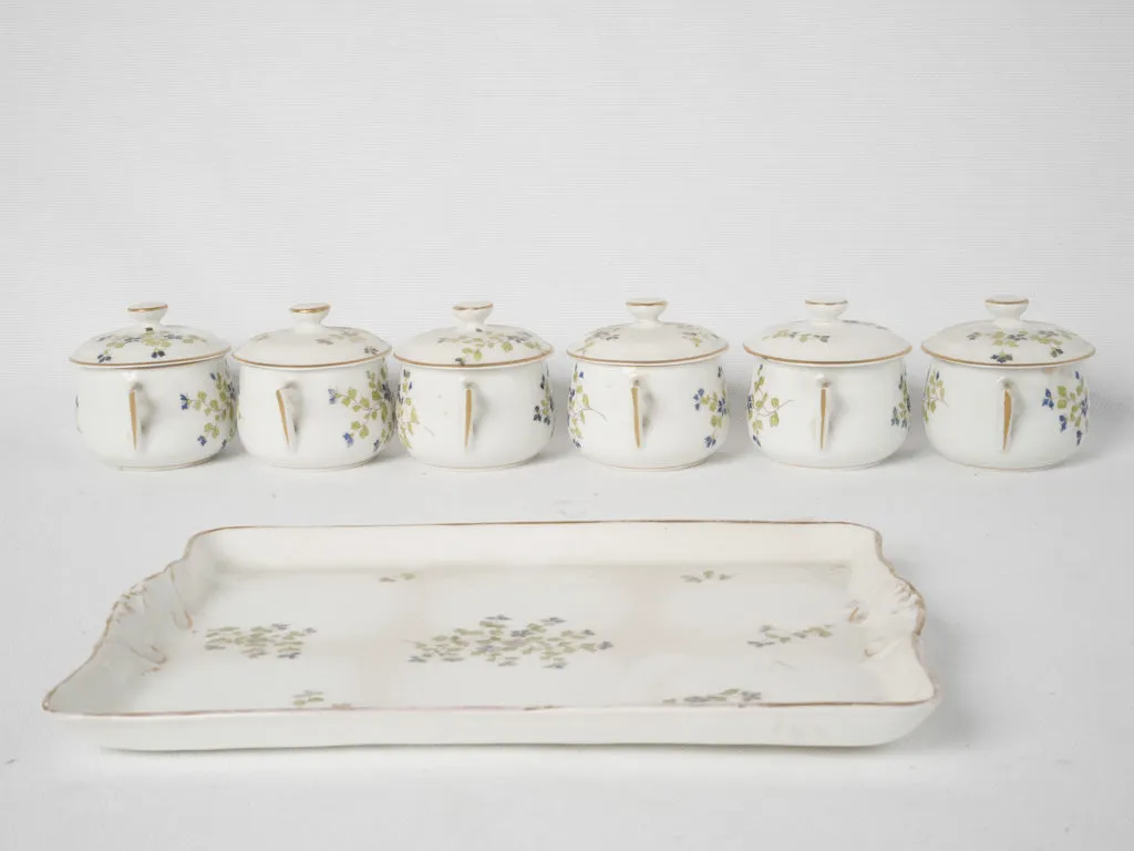 6 antique French porcelain cream pots on tray w/ dainty blue-painted flowers 3¼"