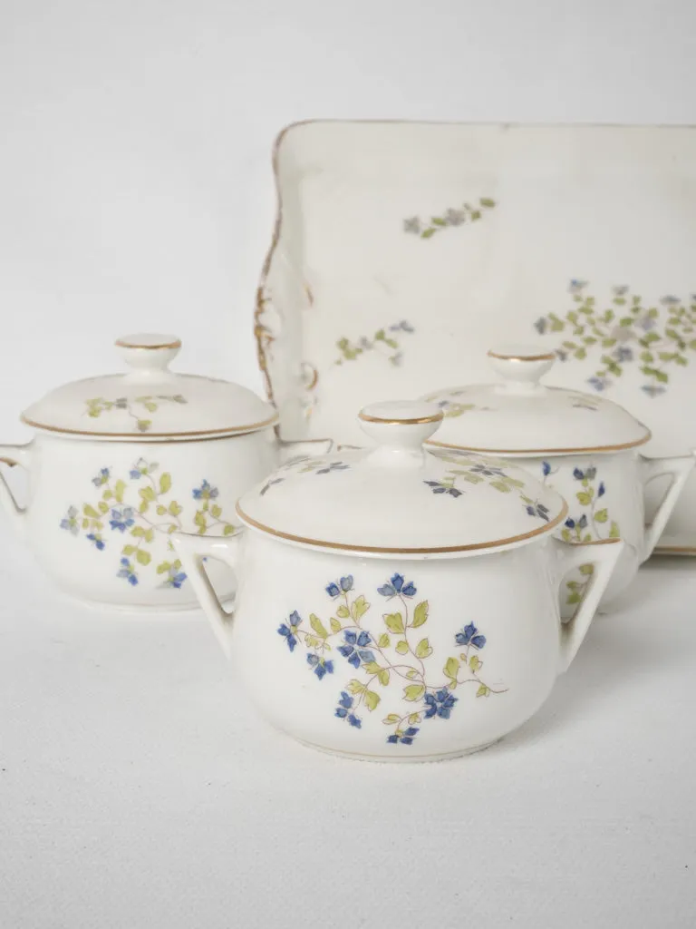 6 antique French porcelain cream pots on tray w/ dainty blue-painted flowers 3¼"