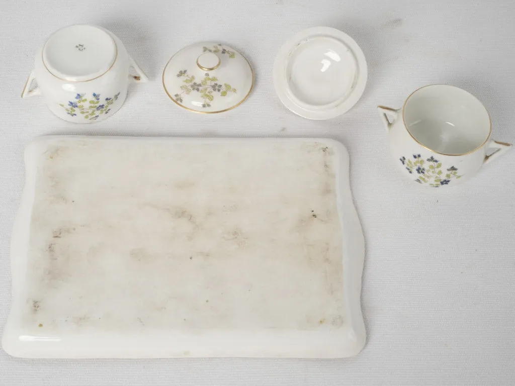 6 antique French porcelain cream pots on tray w/ dainty blue-painted flowers 3¼"