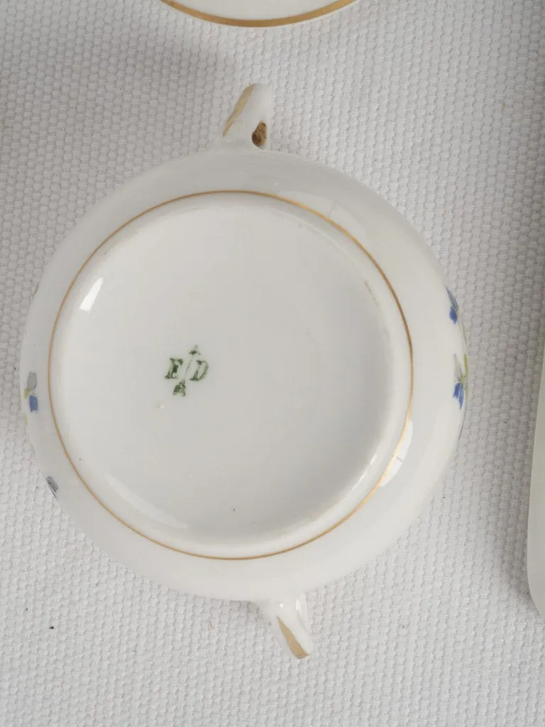 6 antique French porcelain cream pots on tray w/ dainty blue-painted flowers 3¼"