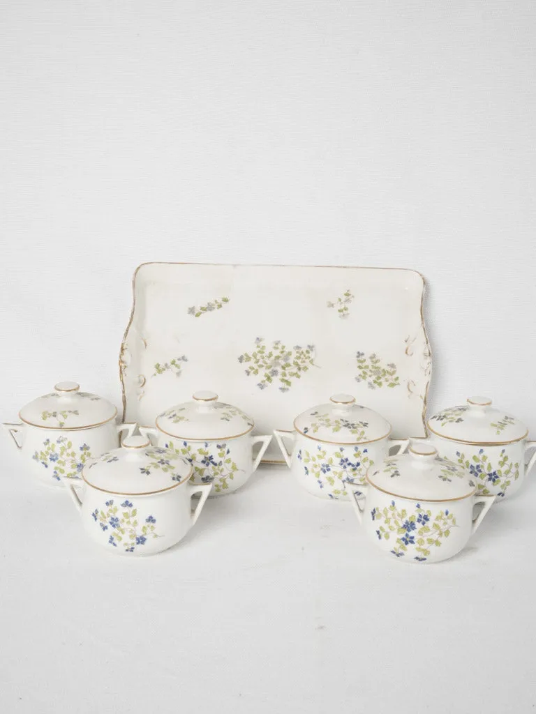 6 antique French porcelain cream pots on tray w/ dainty blue-painted flowers 3¼"