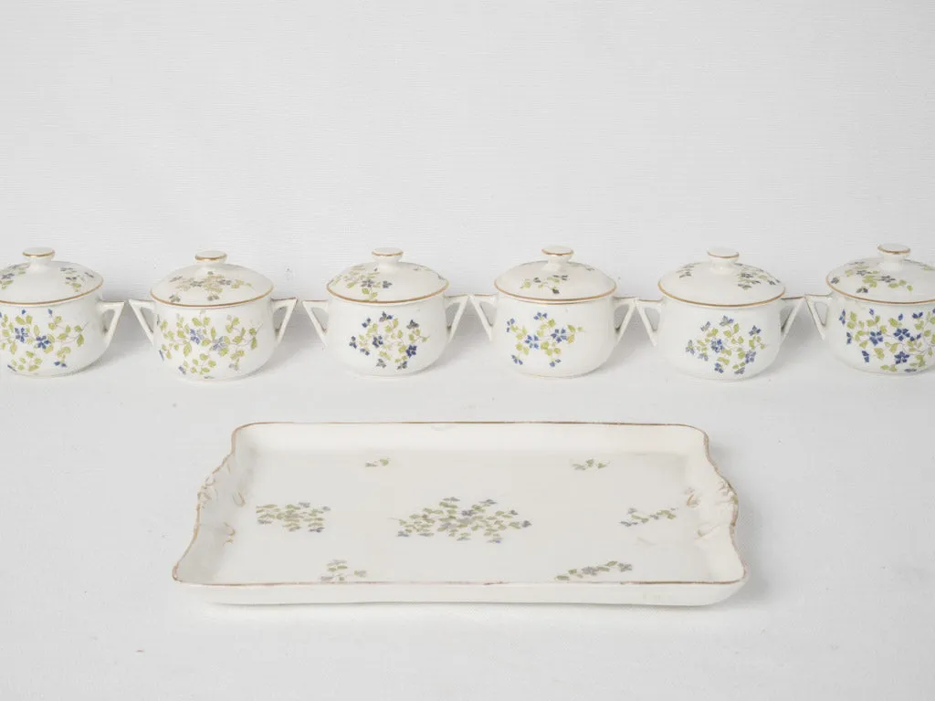 6 antique French porcelain cream pots on tray w/ dainty blue-painted flowers 3¼"