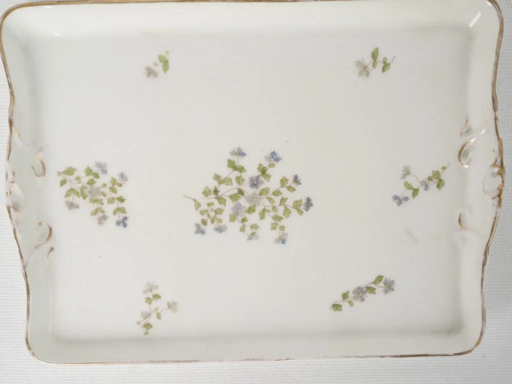 6 antique French porcelain cream pots on tray w/ dainty blue-painted flowers 3¼"