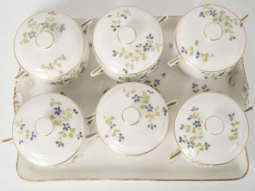 6 antique French porcelain cream pots on tray w/ dainty blue-painted flowers 3¼"