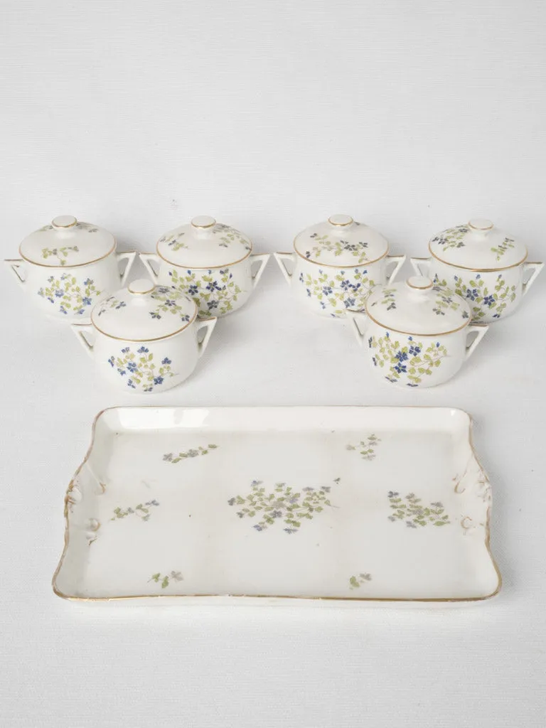 6 antique French porcelain cream pots on tray w/ dainty blue-painted flowers 3¼"