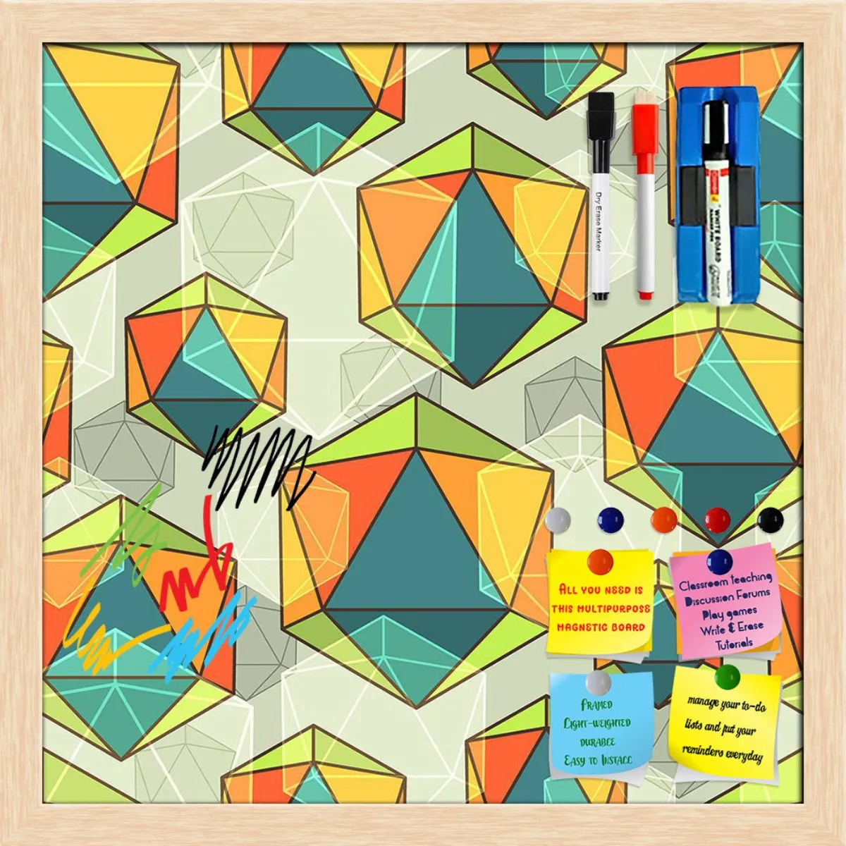 Abstract Colorful Icosahedrons Framed Magnetic Dry Erase Board | Combo with Magnet Buttons & Markers