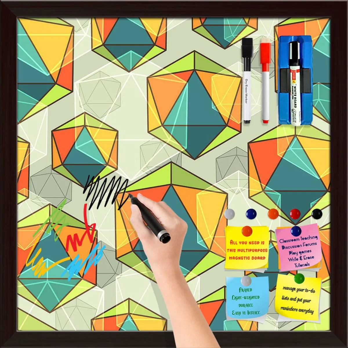 Abstract Colorful Icosahedrons Framed Magnetic Dry Erase Board | Combo with Magnet Buttons & Markers