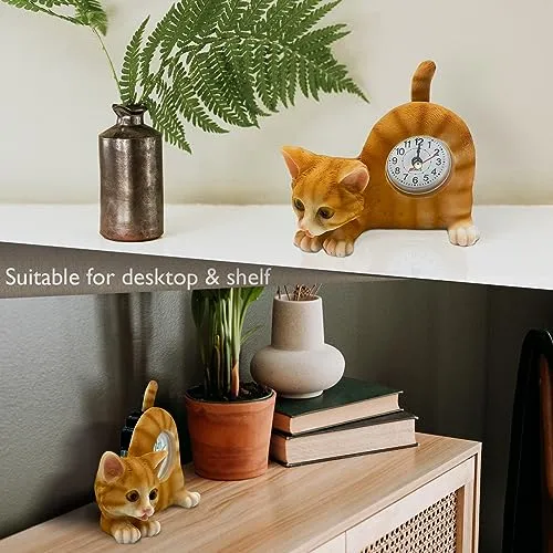 AIE GF65 Small Orange Tabby Cat Desk Clock with Wagging Tail