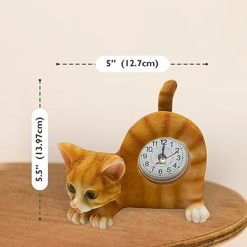 AIE GF65 Small Orange Tabby Cat Desk Clock with Wagging Tail