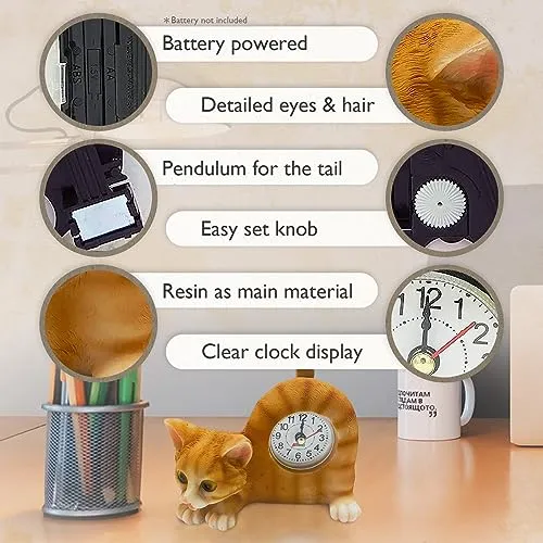 AIE GF65 Small Orange Tabby Cat Desk Clock with Wagging Tail