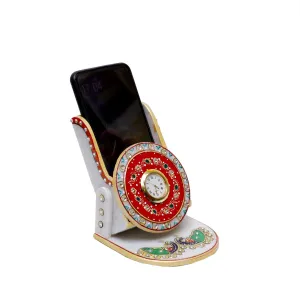 Anjali Arts Decorative Round Marble Clock Cum Mobile Stand for Home | Table Top Designers Printed Peacock Watch with Phone Holder for Home & Office (Multicolor, 10.5x10x11.5 cm)