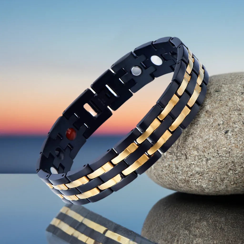 COOLSTEELANDBEYOND Exquisite Stainless Steel Mens Magnetic Bracelet Gold Black with Magnets and Free Link Removal Tool