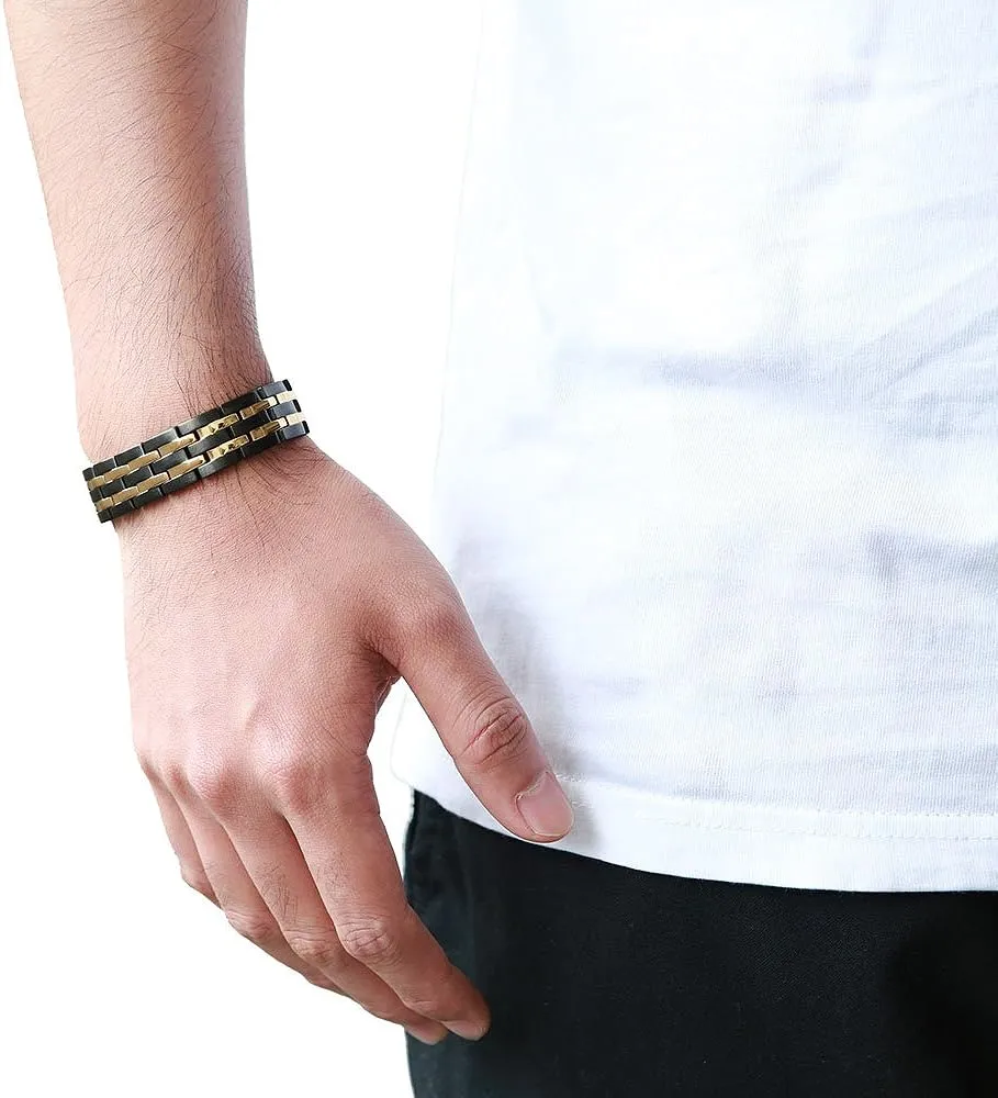 COOLSTEELANDBEYOND Exquisite Stainless Steel Mens Magnetic Bracelet Gold Black with Magnets and Free Link Removal Tool