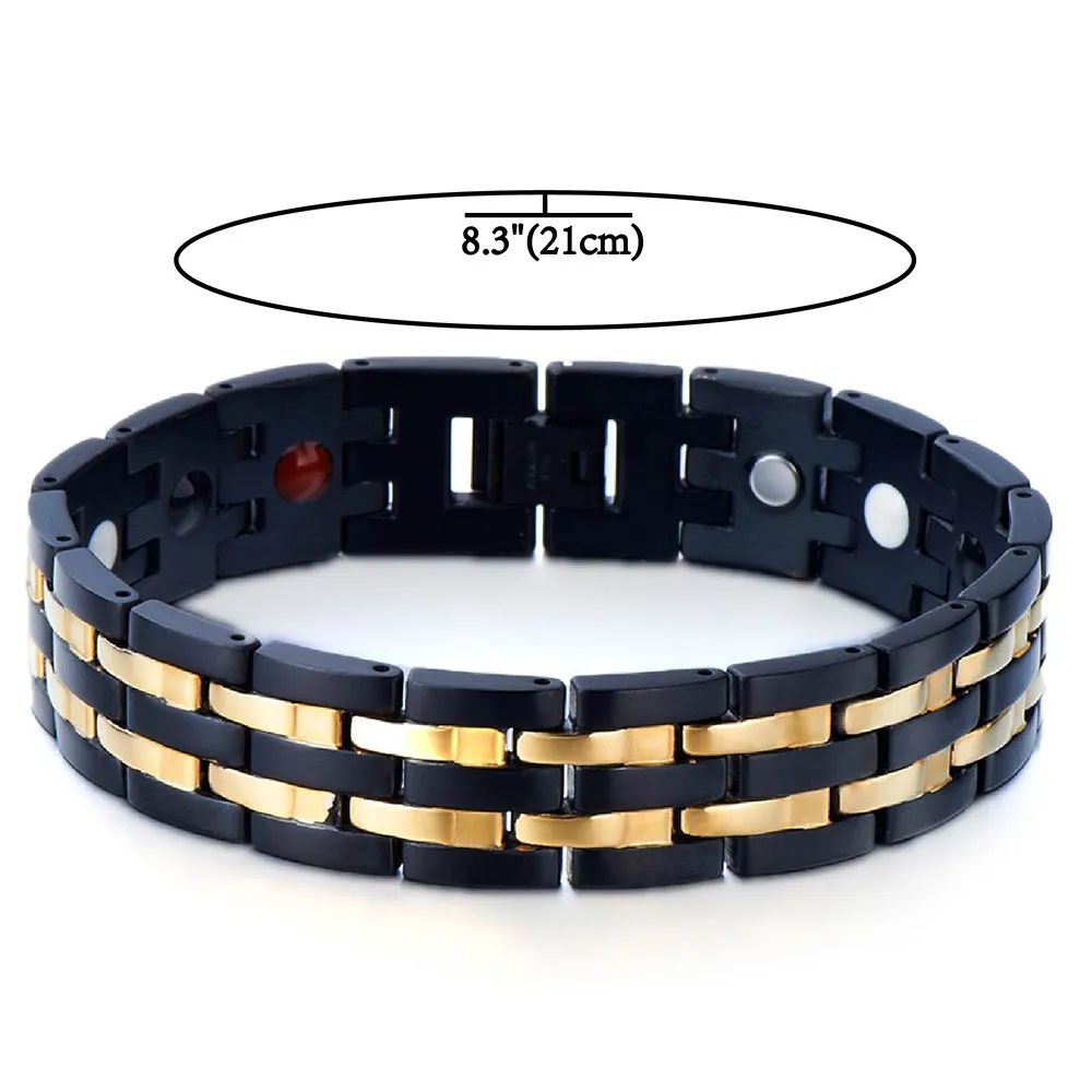 COOLSTEELANDBEYOND Exquisite Stainless Steel Mens Magnetic Bracelet Gold Black with Magnets and Free Link Removal Tool