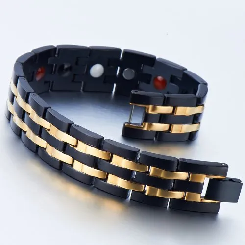 COOLSTEELANDBEYOND Exquisite Stainless Steel Mens Magnetic Bracelet Gold Black with Magnets and Free Link Removal Tool