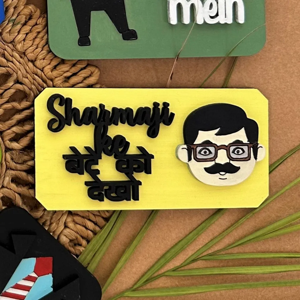 Creative Touch Dad Gift Wooden Fridge Magnet Sharmaji Ke Bete Ko Dekho Dad Gifts from Son Daughter Father's Day Dad Birthday (Yellow)