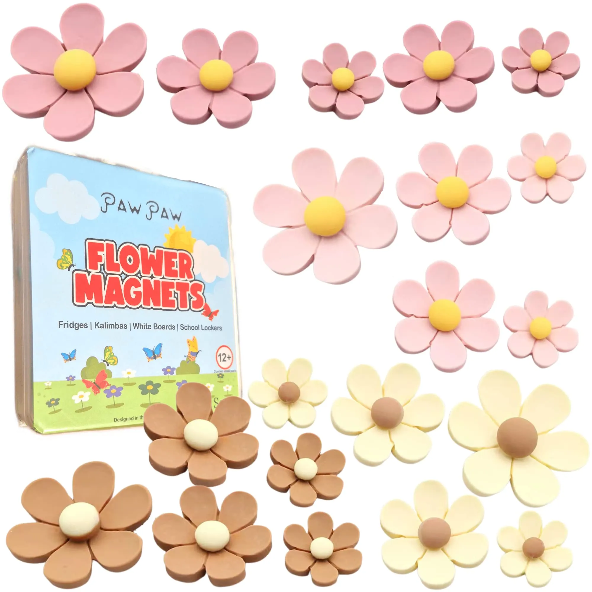 Cute Flower Fridge Magnet (20pcs, 4 Colors, 1 Big, 2 Medium, 2 Small) - Magnets for Fridge, kalimbas, lockers, School, Work.. (Pink/Khaki/Beige/Dark Pink) Set C