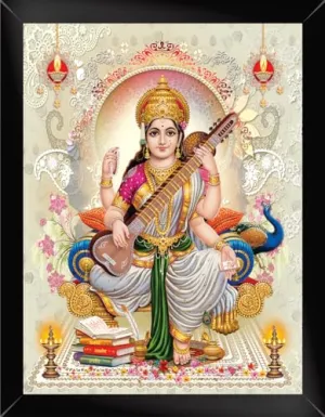 Decor Villa™ Religious Maa saraswati Wall Frames Wall Art Painting, Framed Paintings For Home Office Decor, 13.5 X 11 inches (Synthetic Wood,Multicolor)