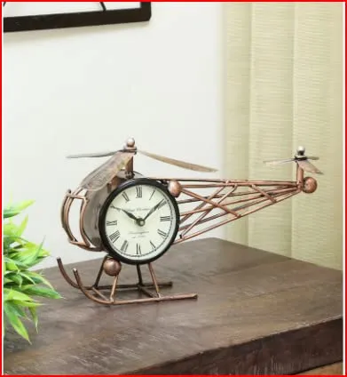 DESERT ART Brown Iron Helicopter Miniature Analog Table Clock(20.32 X22.86 X38.1) CM