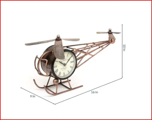 DESERT ART Brown Iron Helicopter Miniature Analog Table Clock(20.32 X22.86 X38.1) CM