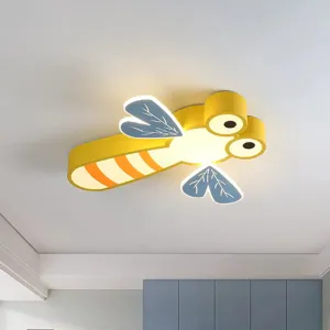 Dragonfly Bedroom Flushmount Light: Acrylic LED Cartoon Ceiling Lamp in Pink/Yellow