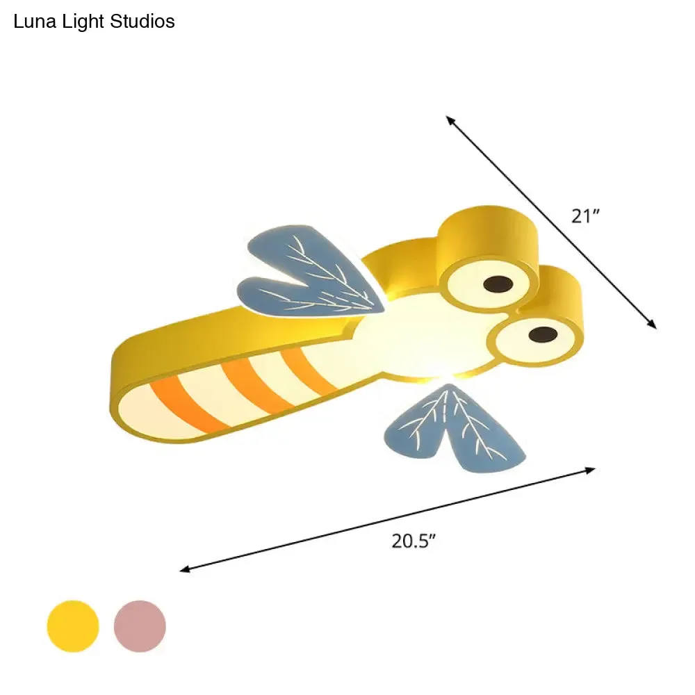 Dragonfly Bedroom Flushmount Light: Acrylic LED Cartoon Ceiling Lamp in Pink/Yellow