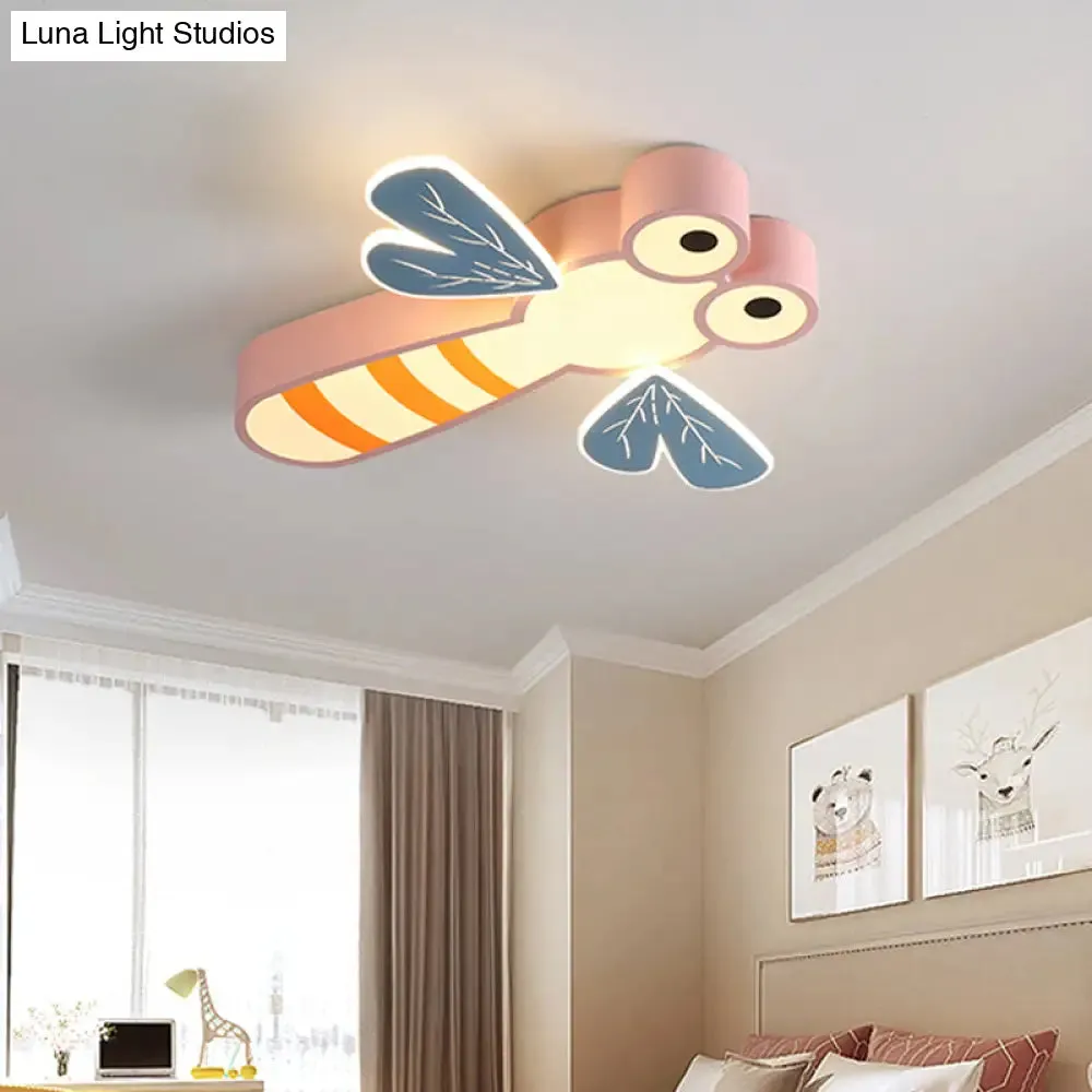 Dragonfly Bedroom Flushmount Light: Acrylic LED Cartoon Ceiling Lamp in Pink/Yellow