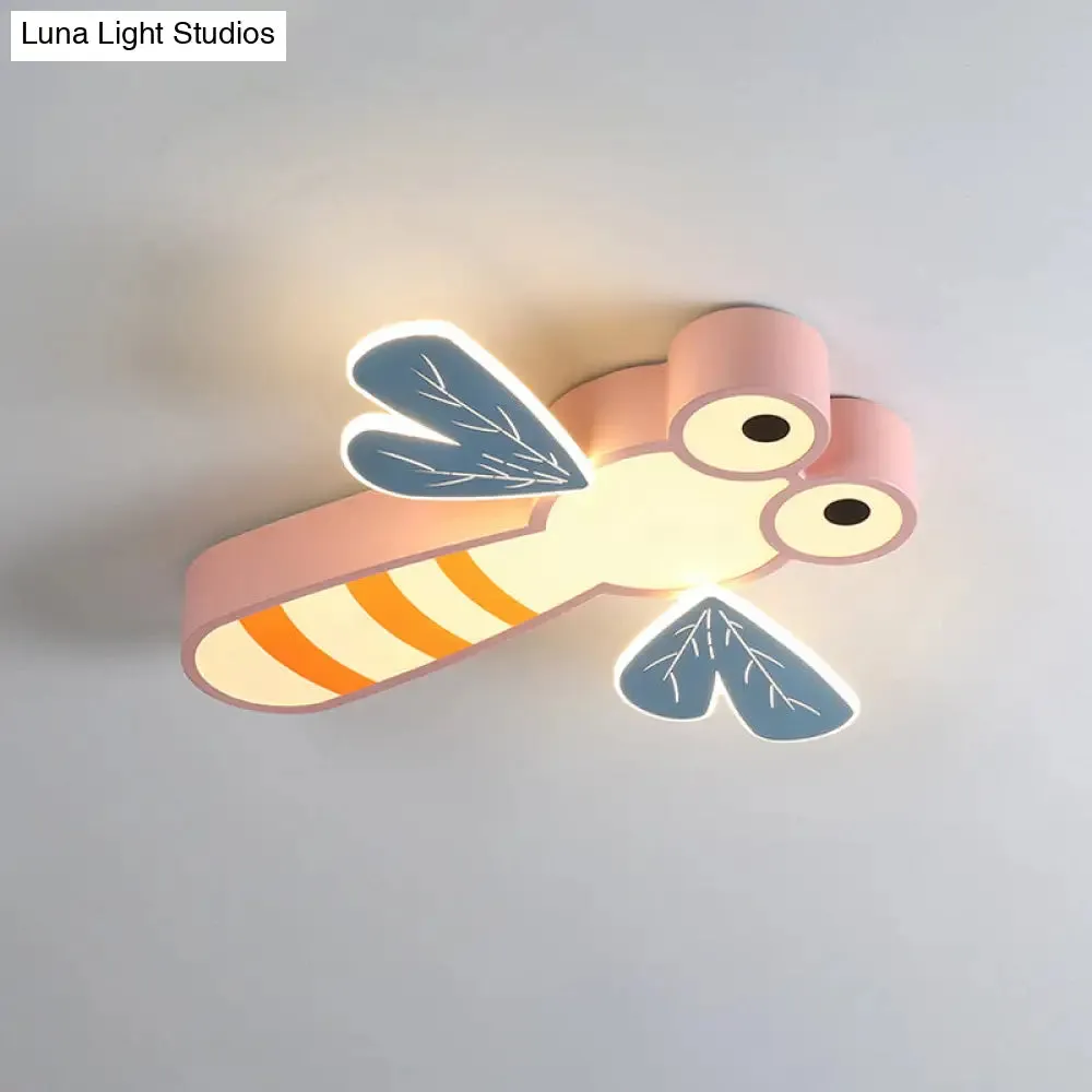 Dragonfly Bedroom Flushmount Light: Acrylic LED Cartoon Ceiling Lamp in Pink/Yellow