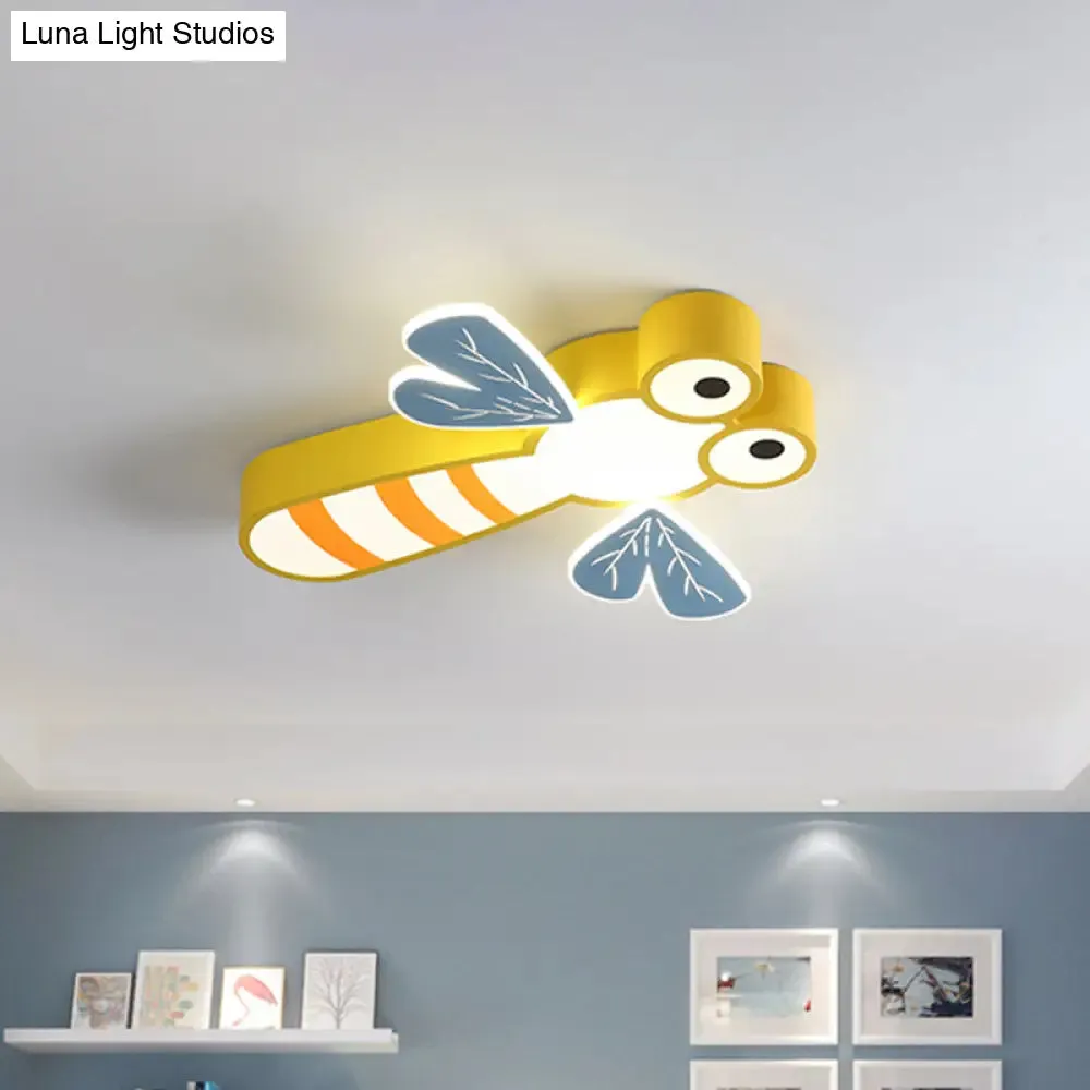 Dragonfly Bedroom Flushmount Light: Acrylic LED Cartoon Ceiling Lamp in Pink/Yellow