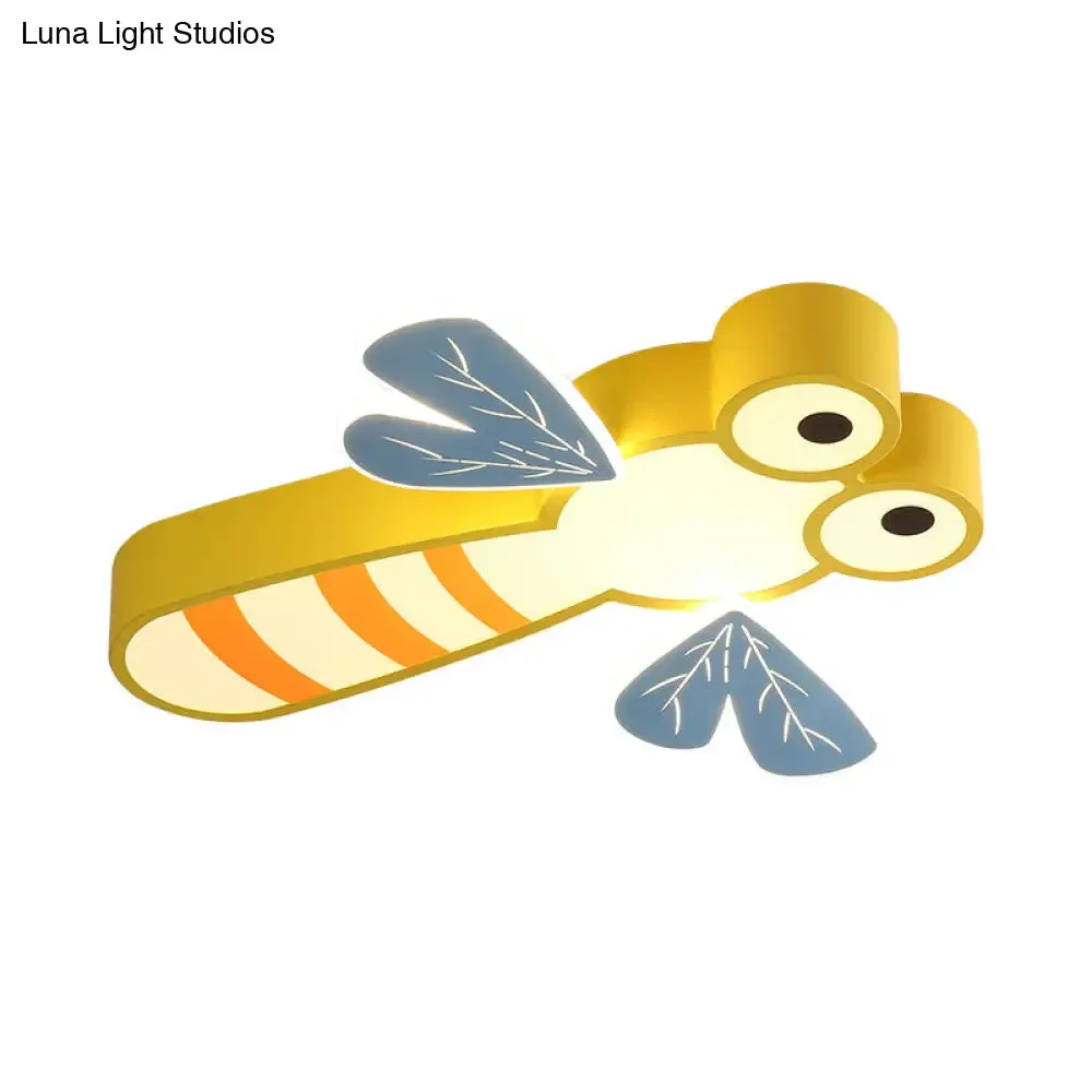 Dragonfly Bedroom Flushmount Light: Acrylic LED Cartoon Ceiling Lamp in Pink/Yellow