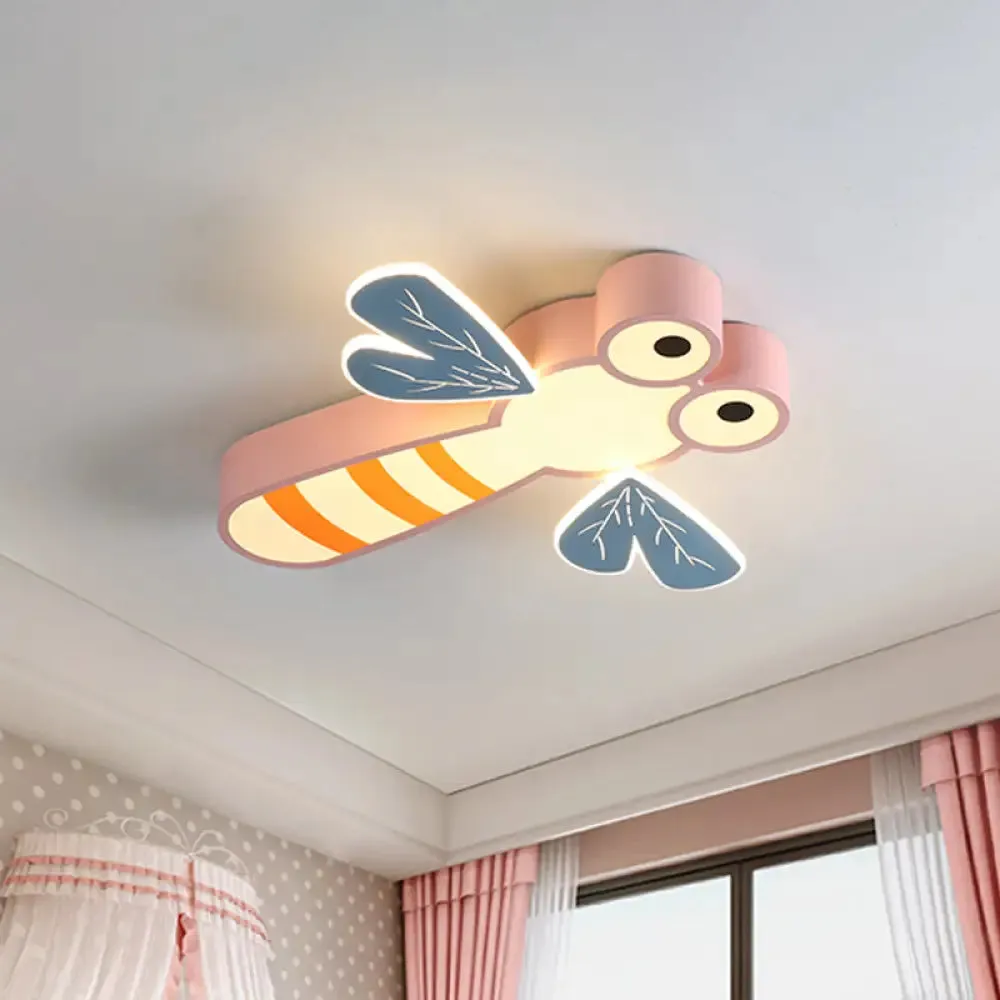 Dragonfly Bedroom Flushmount Light: Acrylic LED Cartoon Ceiling Lamp in Pink/Yellow