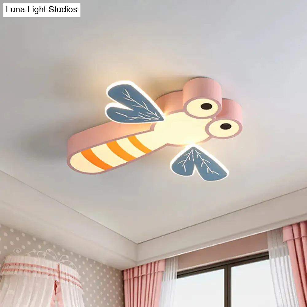 Dragonfly Bedroom Flushmount Light: Acrylic LED Cartoon Ceiling Lamp in Pink/Yellow