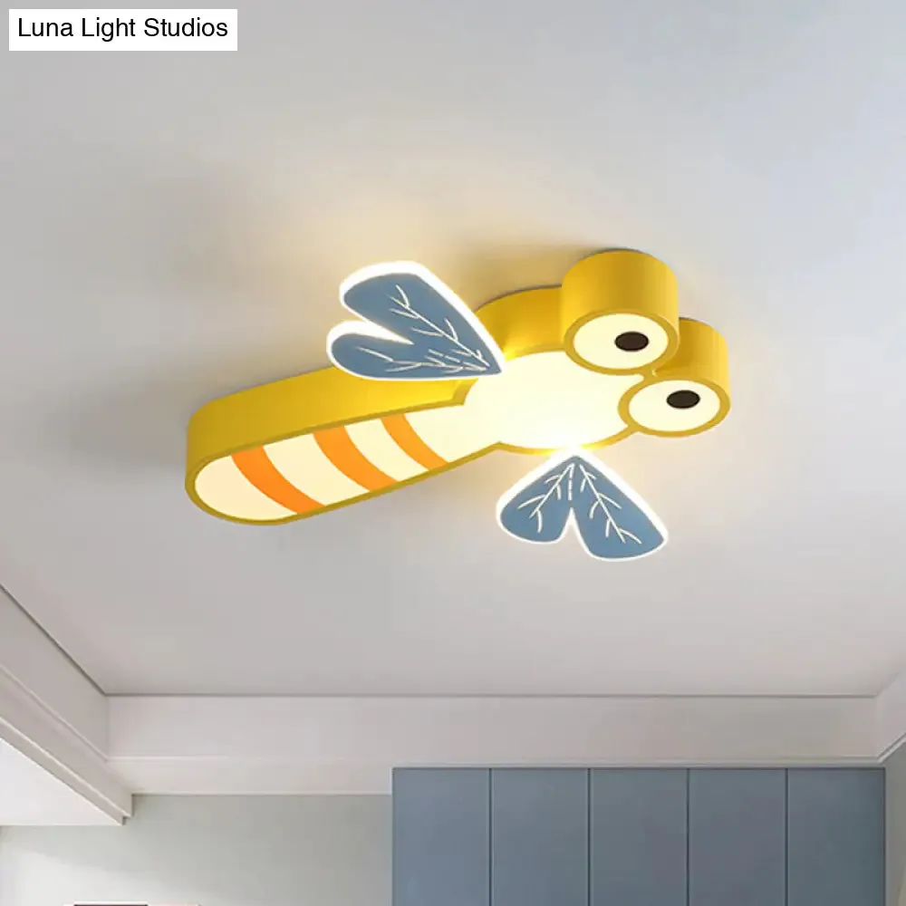 Dragonfly Bedroom Flushmount Light: Acrylic LED Cartoon Ceiling Lamp in Pink/Yellow