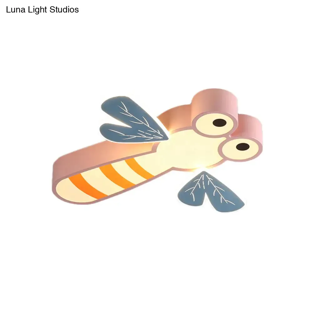 Dragonfly Bedroom Flushmount Light: Acrylic LED Cartoon Ceiling Lamp in Pink/Yellow