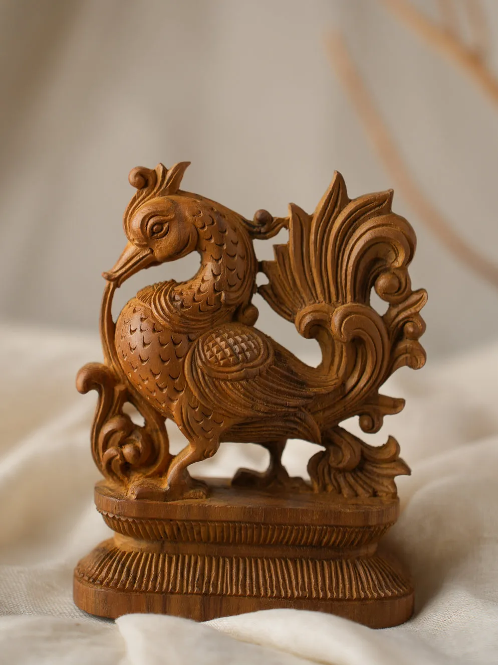 Exclusive Karnataka Wood Carving Curio - Peacock