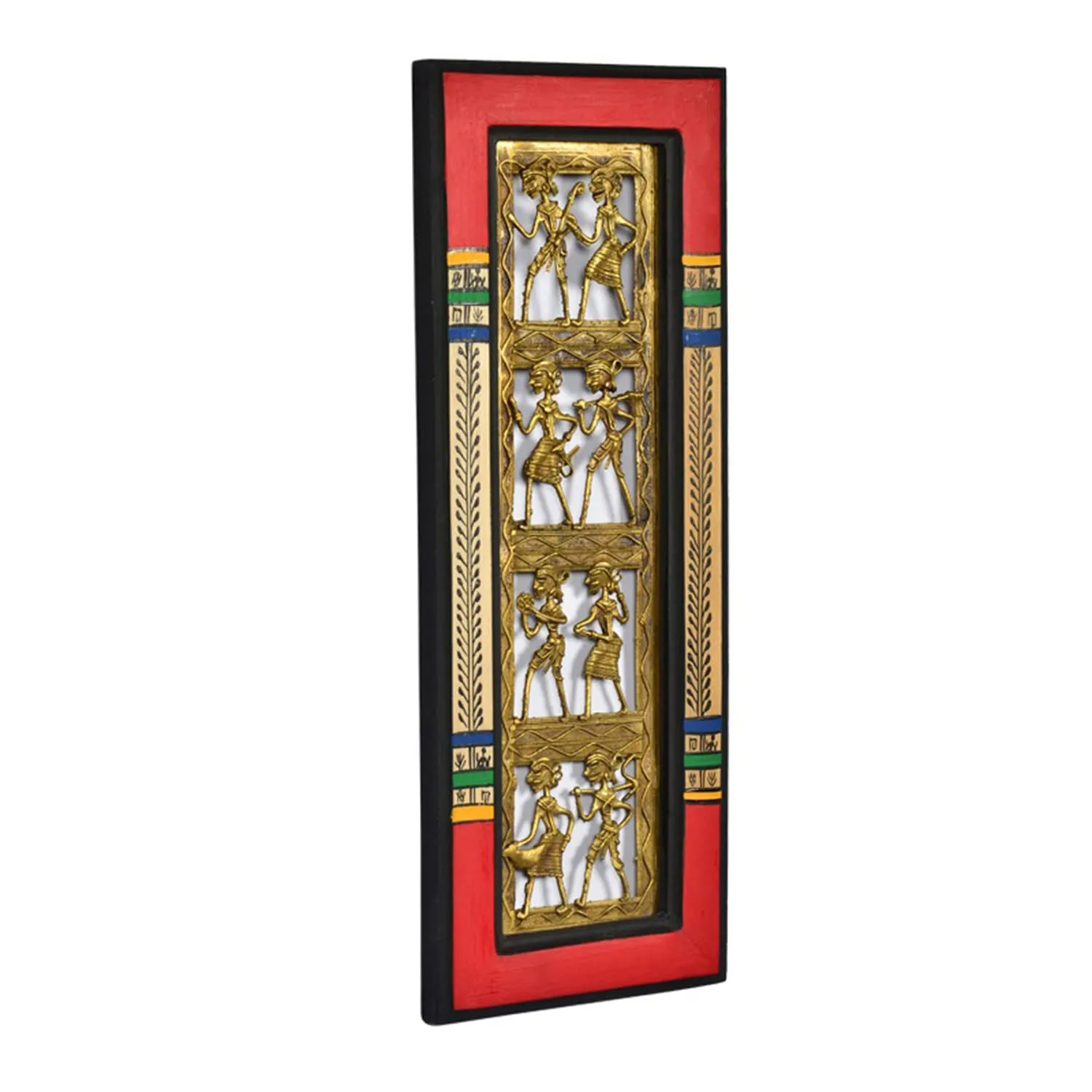 ExclusiveLane Dhokra Work & Warli Handpainted Vertical Wall Decor - Wall Hanging Decor Home Decorative Items -Gold, Brass, 39.9 Cm