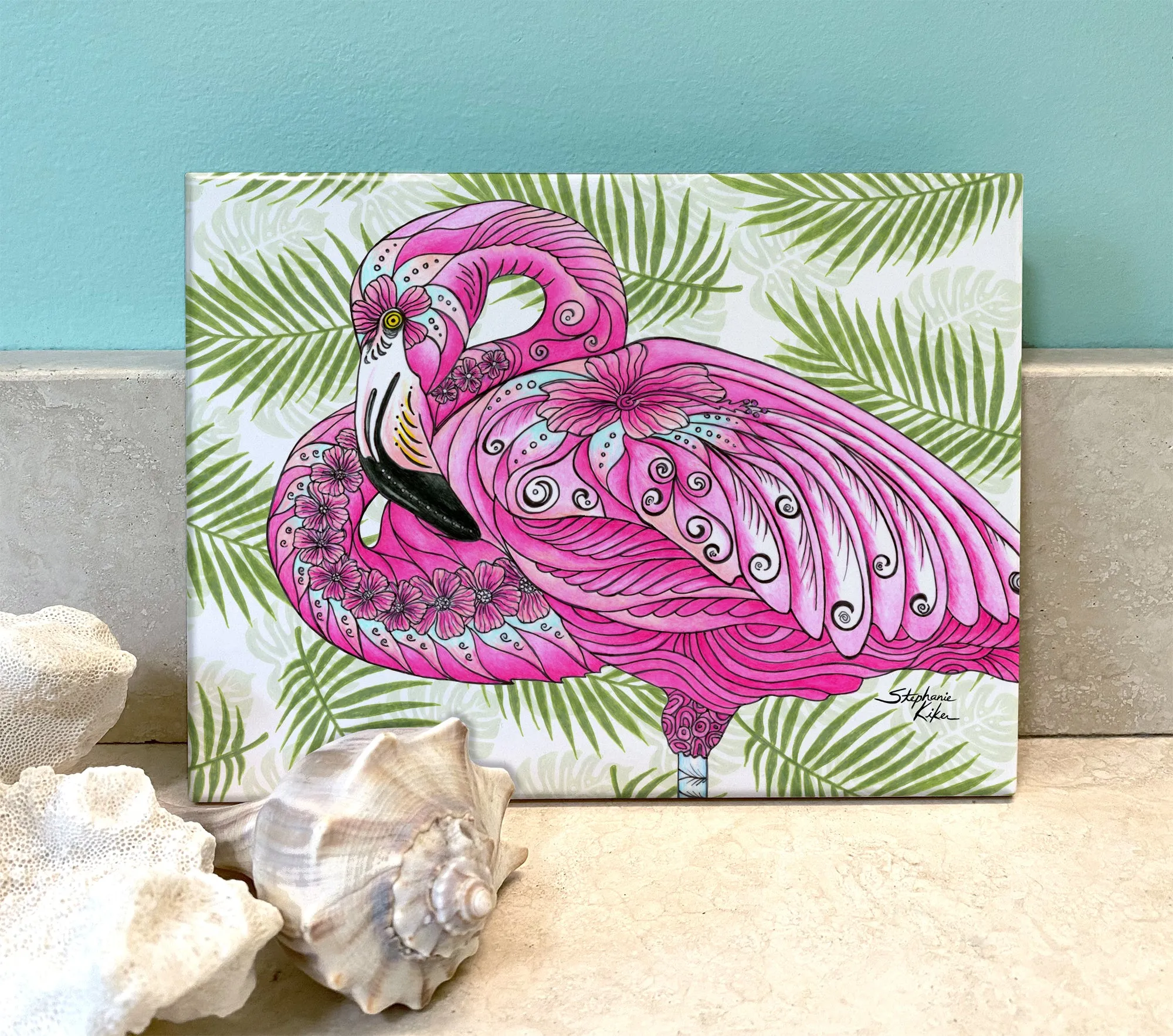 Flamingo Flowers Ceramic Tile