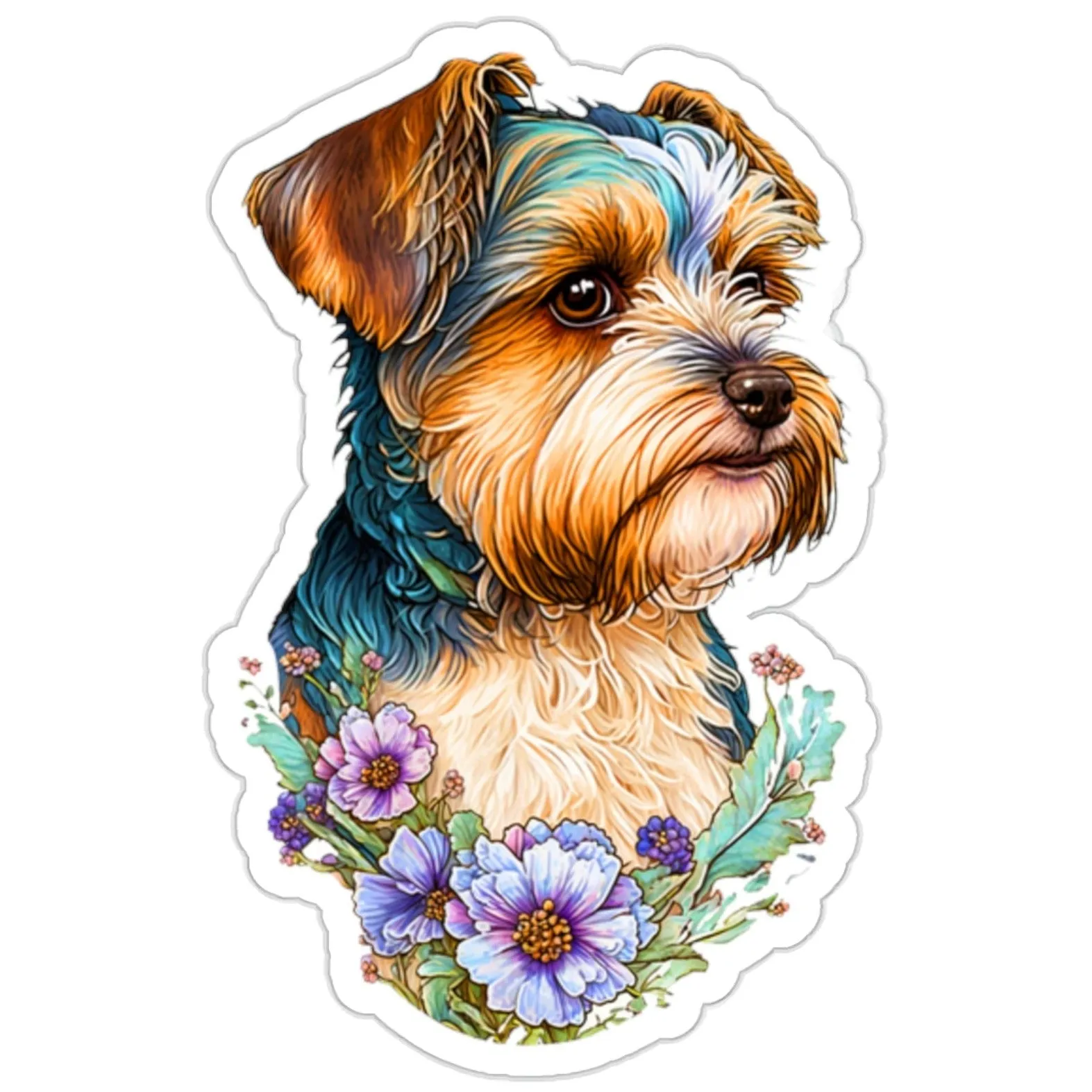 Floral Biewer Terrier Kiss-Cut Stickers