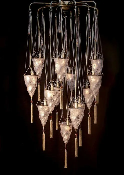 Fortuny Style Stairwell Chandelier In Murano Glass With 13 Lights