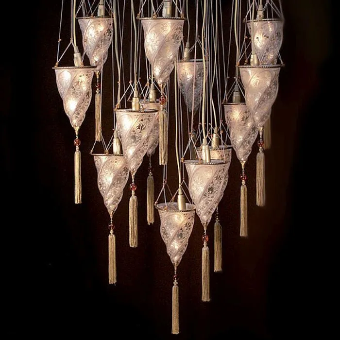 Fortuny Style Stairwell Chandelier In Murano Glass With 13 Lights