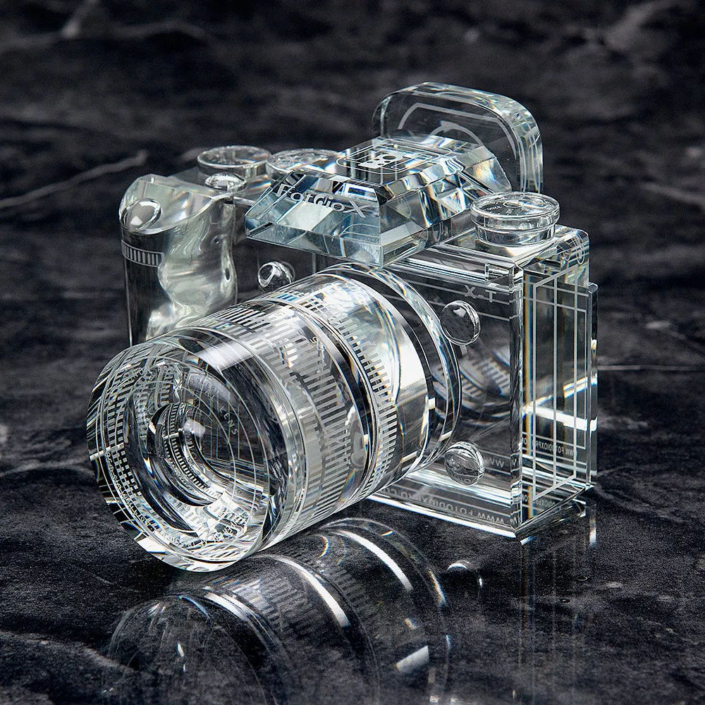 Fotodiox Crystal Camera - 9/10 Sized Replica of Fujifilm X-T w/ XF 18-55mm RLM OIS Lens; Paperweight, Book Shelf, Bookends