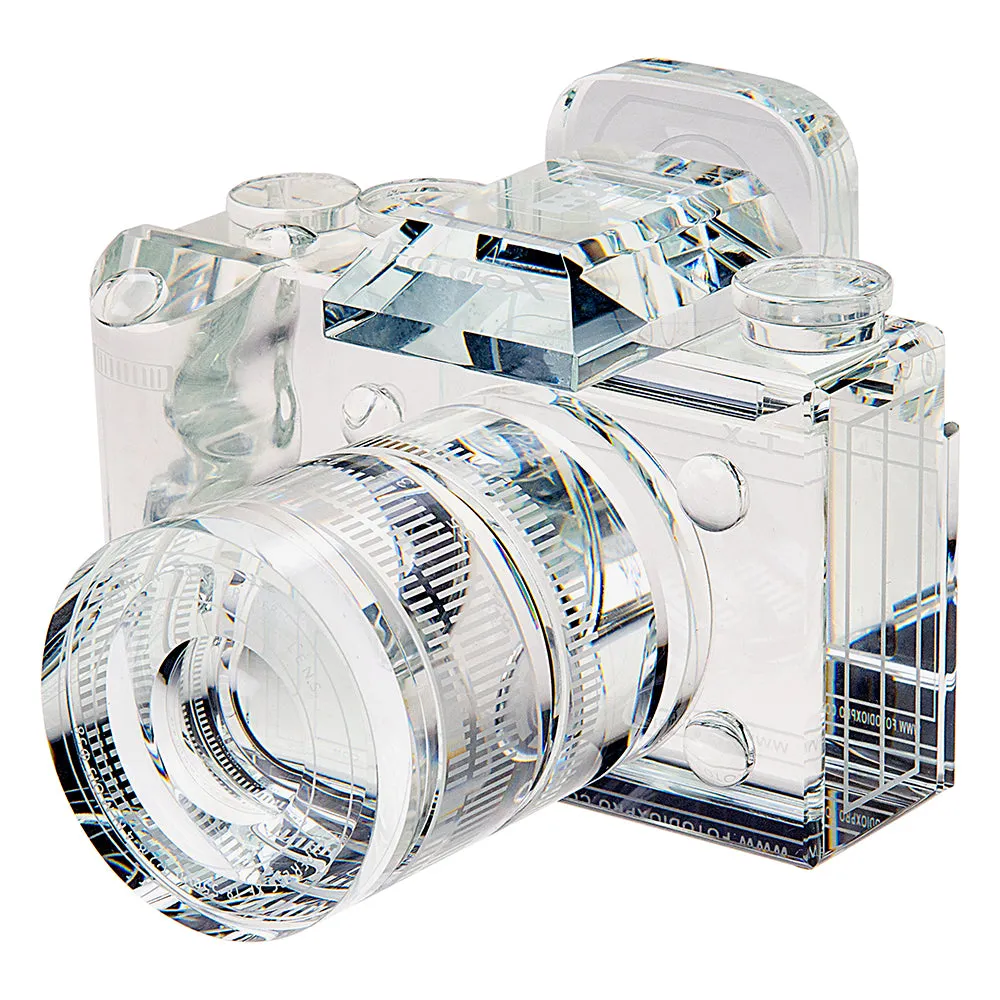 Fotodiox Crystal Camera - 9/10 Sized Replica of Fujifilm X-T w/ XF 18-55mm RLM OIS Lens; Paperweight, Book Shelf, Bookends